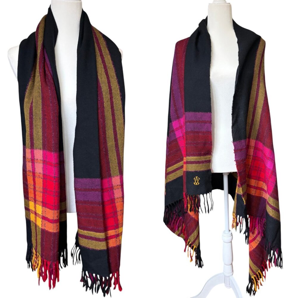 Adrienne Vittadini 100% Wool Plaid Shawl Wrap Scarf Vintage